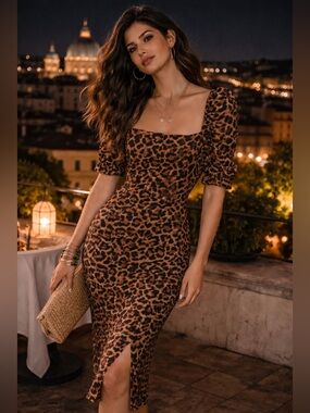 ZARA Leopard Print Puff Sleeve Midi Dress NWT M | Animal Print Square Neck